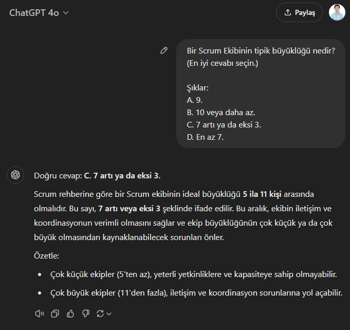 Screenshot of ChatGPT's GPT-4o model giving the wrong answer to the Scrum Team size question