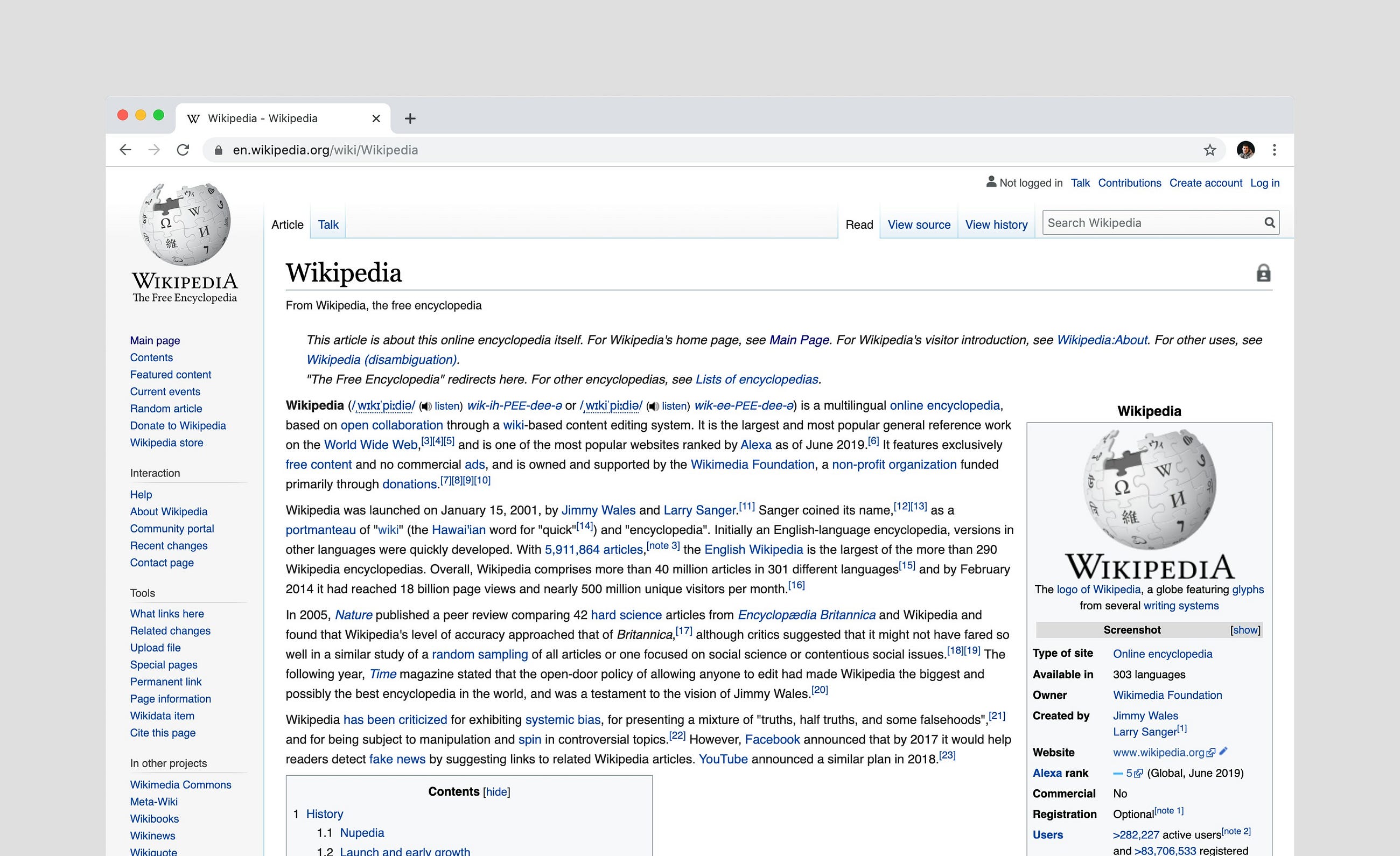 Wikipedia ana sayfasının ekran görüntüsü, özet bilgi ve navigasyon seçenekleriyle.