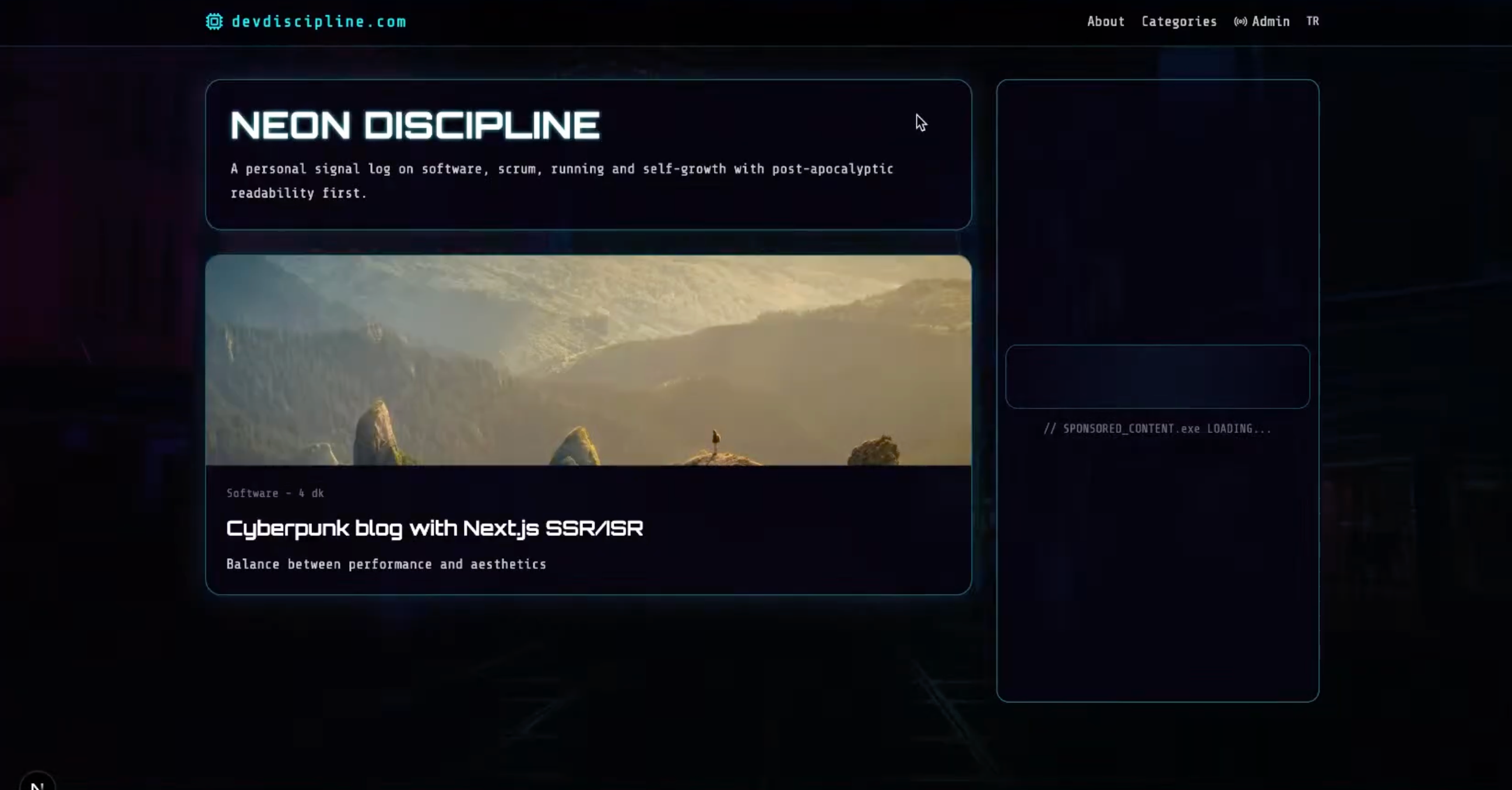 Neon Discipline blog homepage featuring a cyberpunk-styled header and a Next.js SSR blog article card with a mountain landscape image.