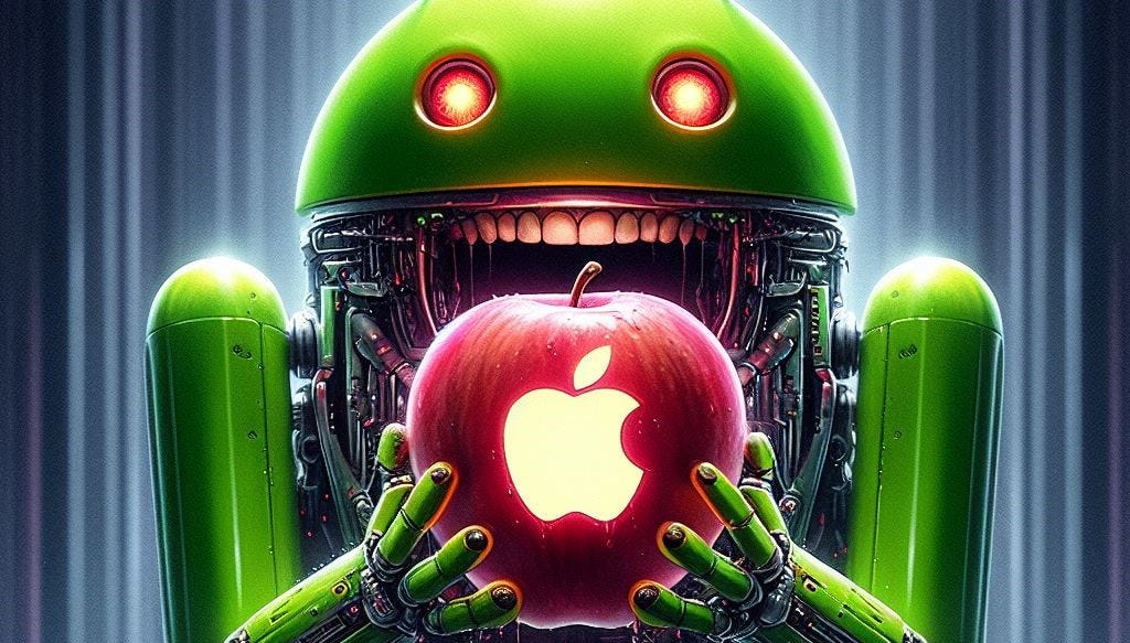Green Android robot holding a red apple with Apple logo, symbolizing the comparison between iOS and Android platforms.