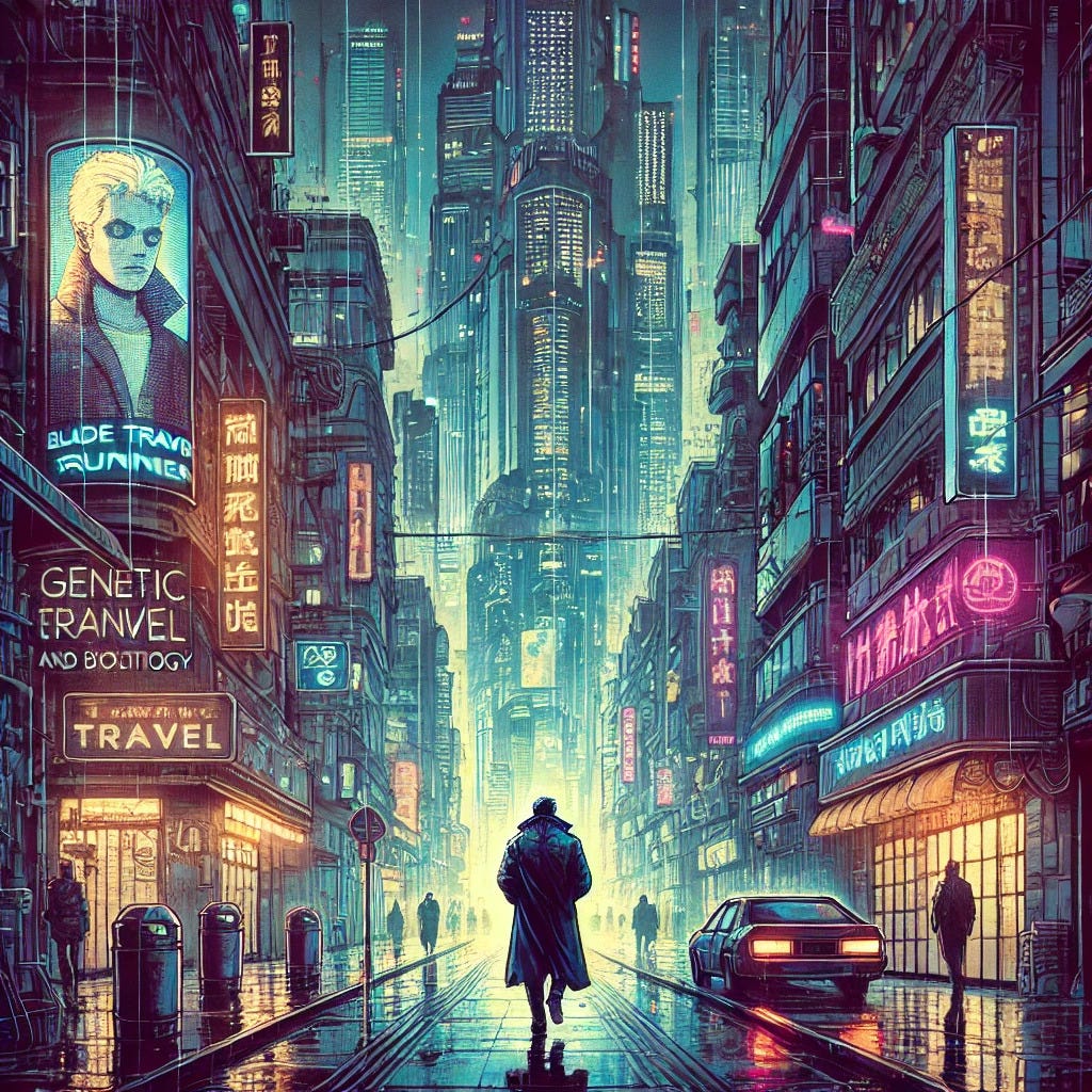 Neon ışıklı futuristik şehir sokaklarında yağmur altında yalnız yürüyen bir figür, cyberpunk atmosferi.