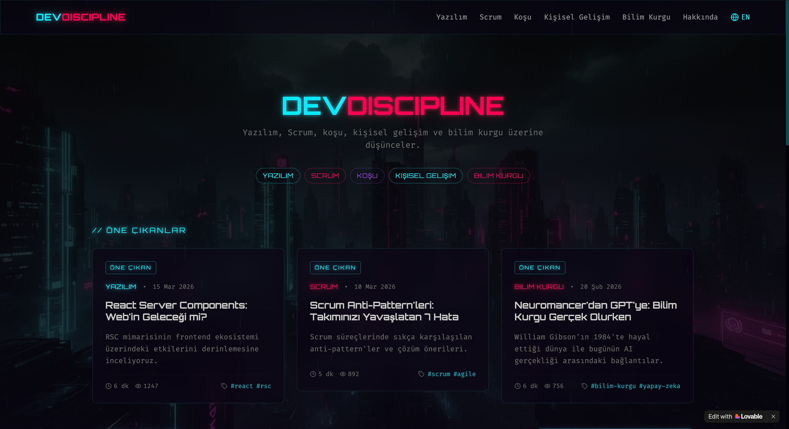 Dev Discipline blog homepage displaying software development articles with a dark cyberpunk-themed interface design.