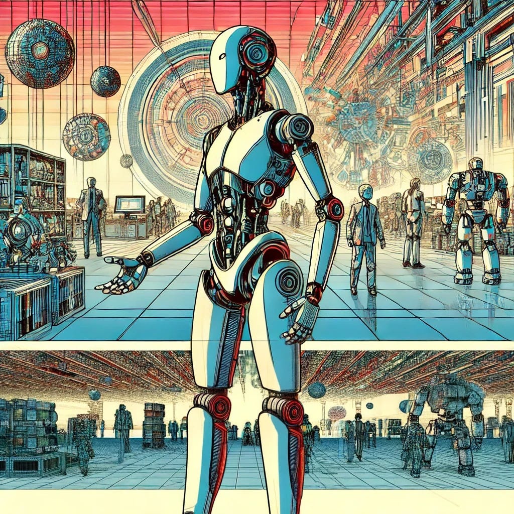 Futuristik şehir ortamında androidi kadın robot, mavi ve kırmızı mekanik parçalarla, arkasında insanlar ve teknolojik yapılar.