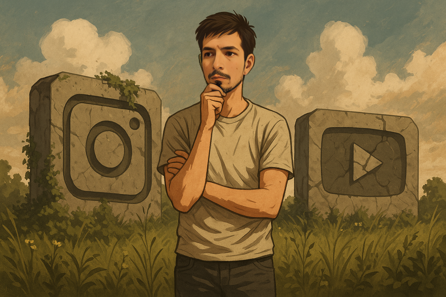 Illustration of a thoughtful young man standing in a grassy field with social media icons (Instagram and YouTube) beside him.
