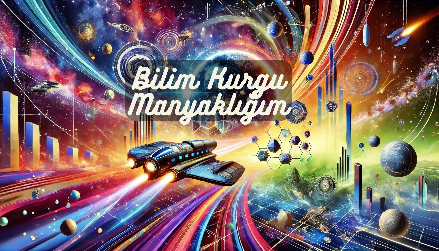 Renkli uzay manzarası, futuristik gemi, gezegenler ve veri görselleriyle süslenmiş "Bilim Kurgu Manyakları" başlıklı başlık tasarımı.