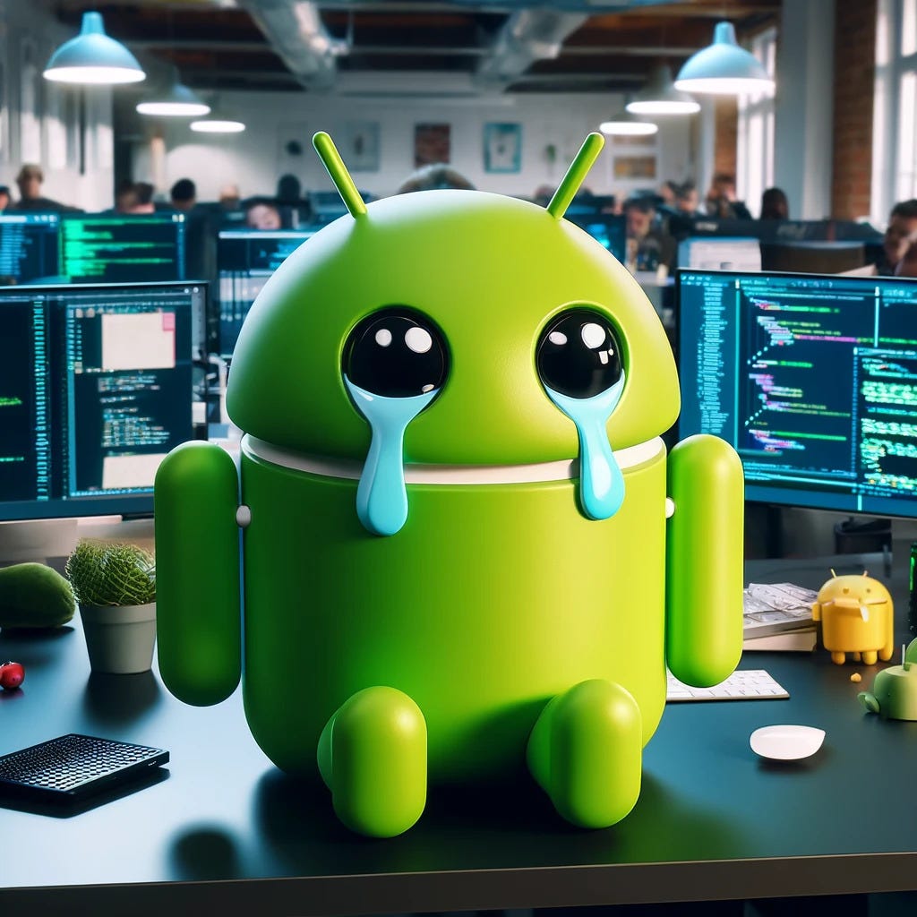 Yeşil Android maskotu, gözyaşları dökerek bir yazılım geliştirme ofisindeki bilgisayar masasında oturuyor.