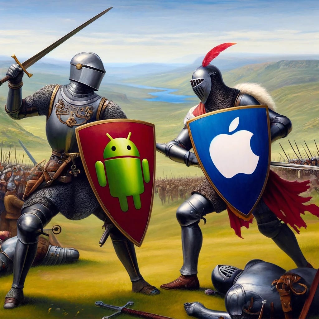 Medieval warriors face off holding shields bearing Android and Apple logos as emblems.