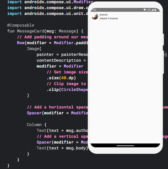 Code example of an Android application written with Jetpack Compose, showing a MessageCard composable function and UI component layout.