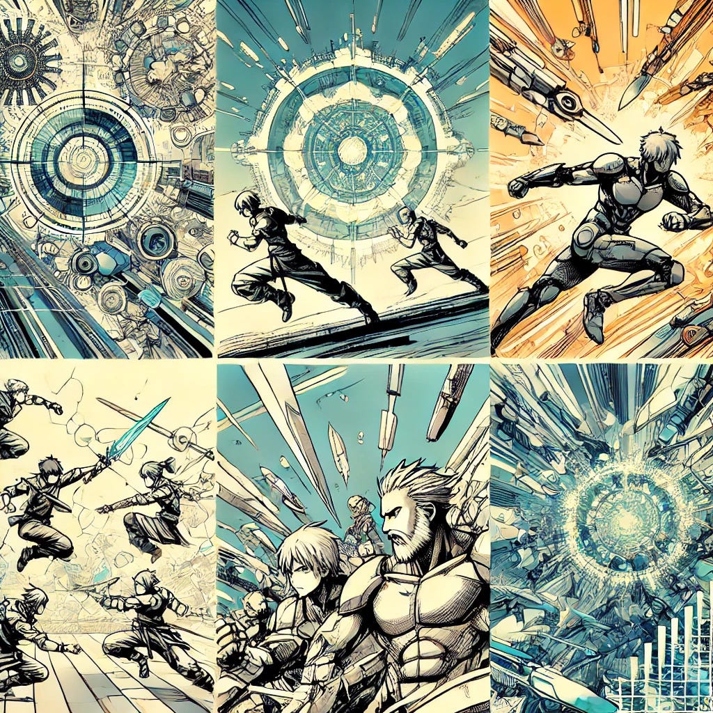 Futuristik mekanizmalar, silahlandırılmış karakterler ve savaş sahnelerini gösteren dokuz panellik anime tarzı illüstrasyon kolajı.