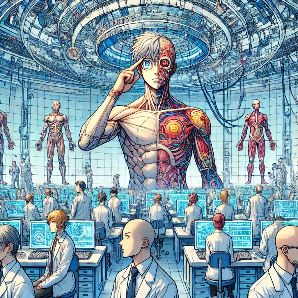 Futuristik laboratuvarda bilim insanları, ekranlı masalarda çalışırken, arka planda insan anatomisinin holografik gösterimi ve ciborglar durmaktadır.