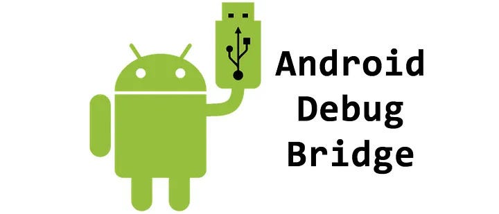 Android mascot connected via USB cable with Android Debug Bridge text displayed.