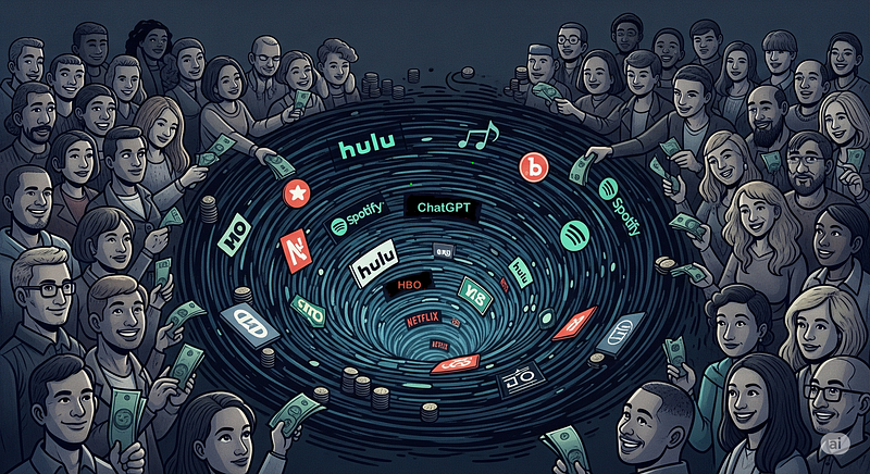 Various subscription service logos (Netflix, Spotify, ChatGPT, HBO, Hulu, etc.) arranged in a spiral vortex, surrounded by people holding money.