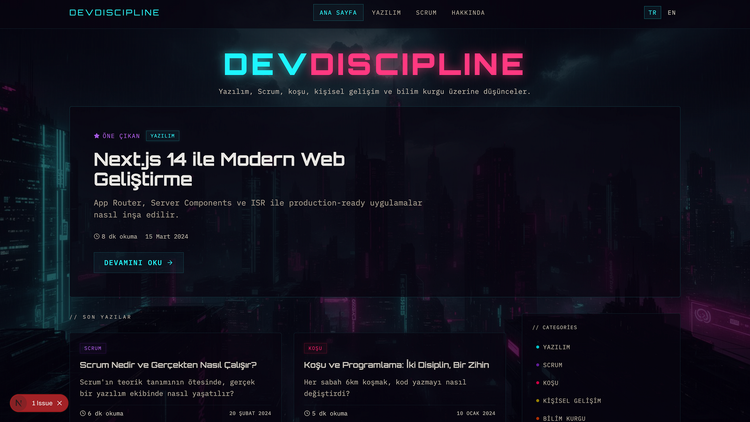 DevDiscipline blog platform homepage displaying its interface featuring an article on modern web development with Next.js 14.