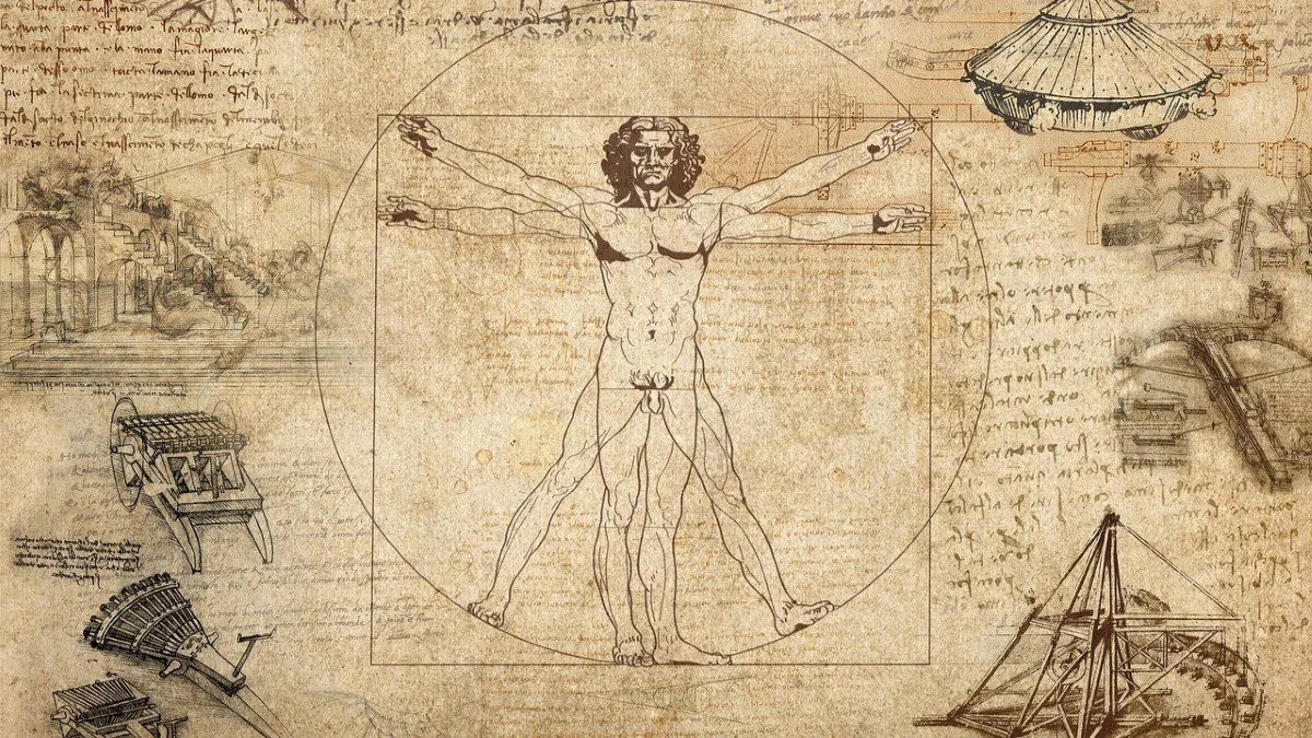 Leonardo da Vinci’nin Vitruvius Adamı çizimi, makine eskizleri ve notlarının arasında