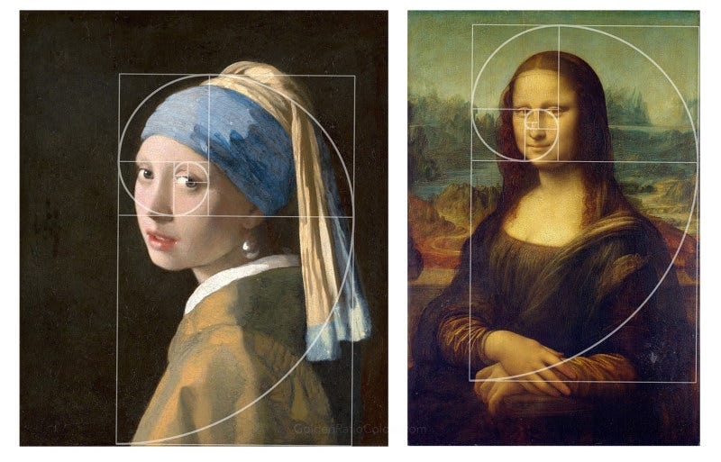 Üzerlerine altın oran spirali çizilmiş İnci Küpeli Kız ve Mona Lisa tabloları